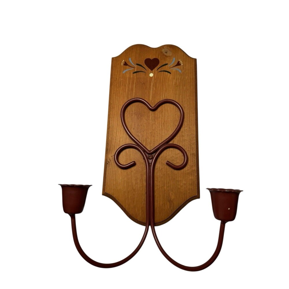 Vintage Wooden Double Candlestick Holder Wall Sconce with Heart Painting 12x6 in
